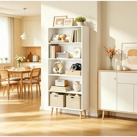 Biblioteca estantería abierta de 5 niveles 60 x 24 x 144 cm, melamina E1 blanca, patas de madera (1/5)
