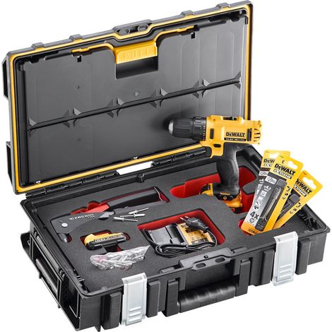 Dewalt – Perceuse-visseuse 10,8V avec 2 batteries 2,0Ah – Couple 24Nm – Mandrin 10mm – Lot de 3 forets 4.2 – Pince à riveter – DCK243D2QW