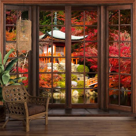 Papier peint panoramique Trompe l'oeil Fenêtre en bois - Temple Japonais - 075 - 130 cm x 104 cm (1/5)