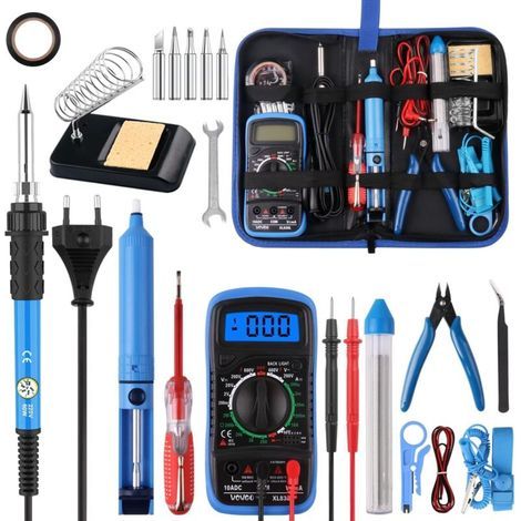 Kit de soldador 24 en 1, 60 W, temperatura ajustable de 200 a 450 °C, kit de soldadura eléctrica con 5 puntas de soldador, multímetro digital, soporte para soldador y bomba desoldadora (1/4)
