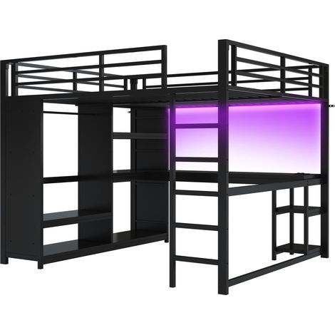 Lit mezzanine en métal 160x200 noir avec bureau, LED, penderie ouverte et étagères (1/5)