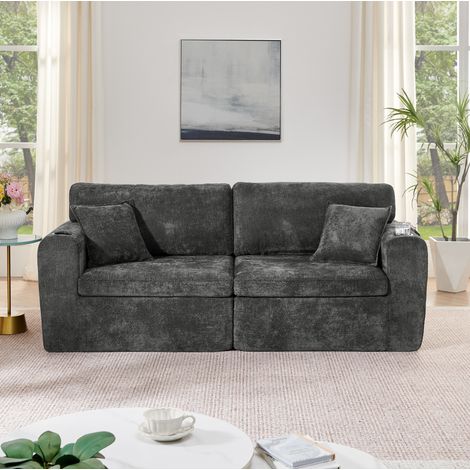 2-Sitzer Relaxsofa Schwarz Chenille mit USB-Ladefunktion, Getränkehalter, Seitentasche und Kissen (1/5)