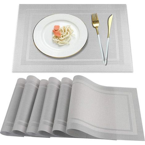 Lot de 6 sets de table, lavables, antitaches, résistants à la chaleur, adaptés à la cuisine, la maison, la salle à manger et la table. Gris. (1/3)