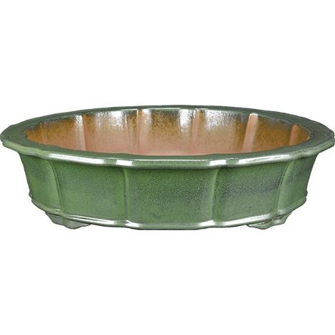 Vaso per bonsai rotondo (forma a fior di loto) in gres smaltato verde 46x46x10 cm - J053a