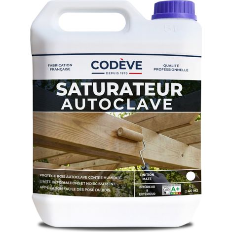 Codève Bois – Saturateur bois autoclave 5 L – Protection durable pour bois traité – Application facile en 2 couches – Rendement jusqu'à 11 m²/L