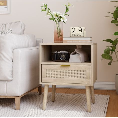 Comodino boho in MDF color rovere con 1 cassetto in rattan e 1 vano aperto, 45 x 40 x 55 cm