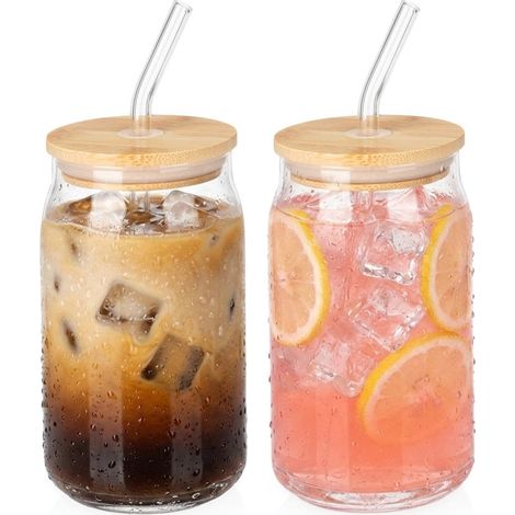 Glass Mugs with Bamboo Lids & Straws, 460ml, Set of 2 (1/5)