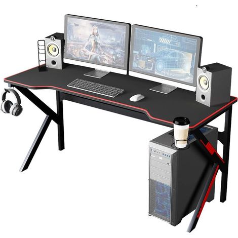 Need – Bureau gamer 160x60x75 cm – MDF avec texture fibre de carbone – Cadre en alliage d'aluminium – Crochet casque et passe-câble (1/5)