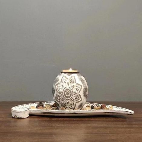 Porte-Bougie - Plateau En Forme De Feuille En Bois - Pour Décoration Intérieure - Ensemble Avec Galets - 1 Pièce (1/5)
