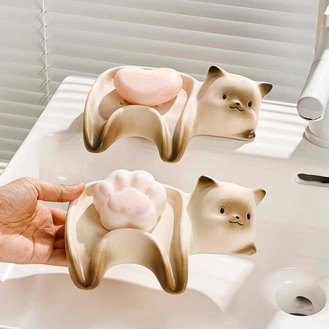 Portasapone a forma di gatto siamese - in ceramica, con fori di drenaggio, organizer da bagno di alta qualità, portasapone decorativo per la casa (2 pezzi) (1/5)