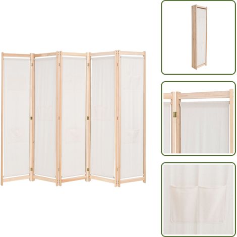 The Living Store Cloison de séparation 5 panneaux Crème 200 x 170 x 4 cm Tissu - Cloison De Séparation - Cloison Pliable - Paravent - Séparation Pièce - Dressing (1/5)