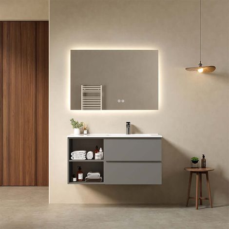 Mobile bagno sospeso 100 cm Grigio Londra Lavabo a Destra in Ceramica Specchio Quadro Retroilluminato - Fiji Paint Plus (1/4)