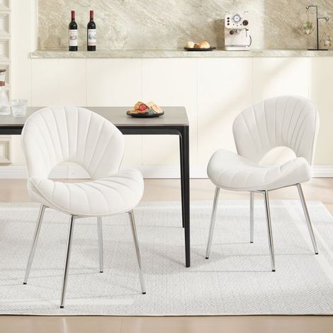 Chaise de Cuisine Velours Chaise Repas dossier évidé incurvé assise coussinée sans accoudoirs pieds argentés ivoire (1/5)