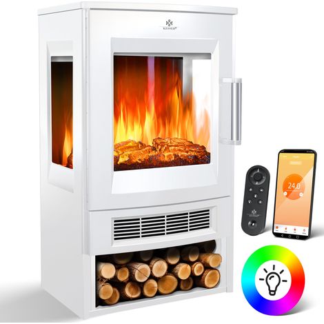 KESSER® Elektrokamin mit Heizung Panorama-Sichtfenster Heizlüfter 9 LED-Flammeneffekt Farbmodi Fernbedienung WiFi App 900/1800W Kaminfeuer elektrisch    Weiß (1/5)
