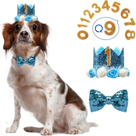 Chapeau Couronne - Pour Chien Chat Lapin - Avec Chiffres 0 À 9 - Nœud Papillon Bleu Ajustable - Lot De 1