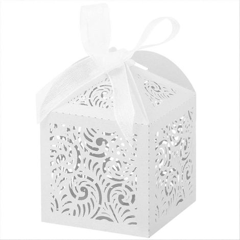 Lot de 100 boîtes à dragées découpées au laser, petites boîtes cadeaux de 5 x 5 cm, blanches (1/5)