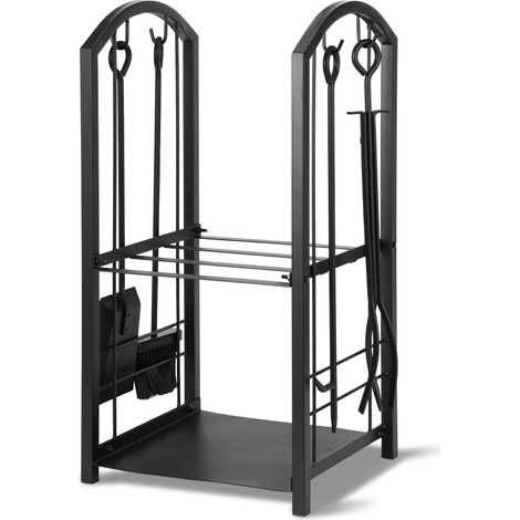 Jopassy Cassetta di immagazzinamento da ardere all'esterno Scaffale in metallo nero per legna da ardere all'interno della struttura con 4 attrezzi per caminetto (1/5)
