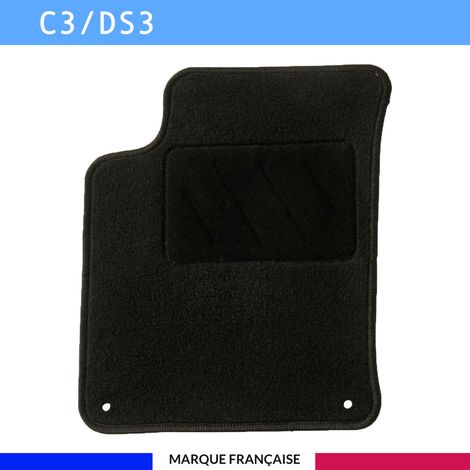 Tapis de sol voiture - Sur mesure pour Citroen / Ds C3 / DS3 (11/2009-07/2019) - Antidérapant : Clips de fixations et scratch - Tapis de sol conducteur - Moquette - Noir