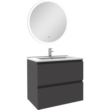 Ensemble Acezanble meuble Salle de Bain Anthracite 60cm simple vasque + miroir lumineux rond