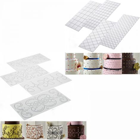 BEBUSINGOTO 8 tapetes para fondant, tapete texturizado con relieve, patrón de cuadrícula transparente y patrón de encaje para decorar pasteles. (1/5)
