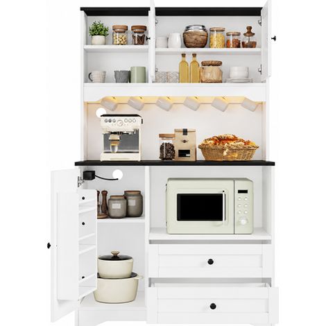 Buffet de cuisine avec LED et meuble pour micro-ondes, buffet haut 163cm, blanc (1/5)