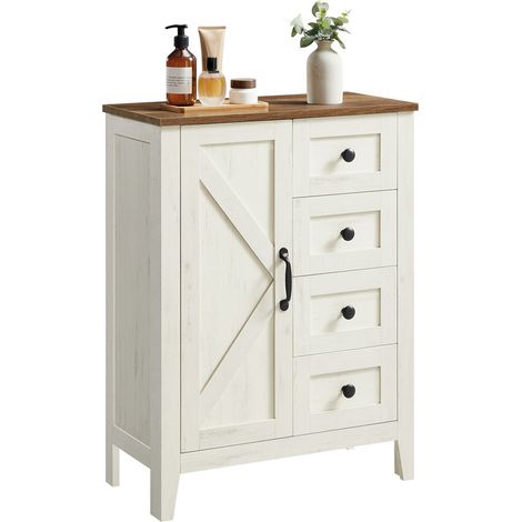 Vasagle – Meuble bas de salle de bain blanc rustique – Armoire avec 4 tiroirs – Étagère réglable – Dimensions 30x60x80 cm – Structure en MDF (1/5)