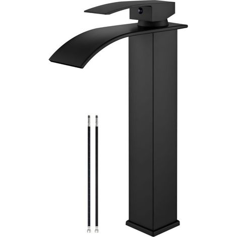 Waschtischarmatur in Mattschwarz. hohe Wasserfallarmatur. Einloch-Einhebel-Waschtischarmatur mit großem rechteckigem Auslauf. Bar-Waschtischarmatur. Waschtischeinheit (1/4)