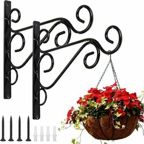 Korbständer, Wandhaken aus Eisen, Metallaufhänger für den Außenbereich mit Schrauben, Dekoration für botanische Gärten (2 Stück, schwarz, 20–25 cm) (1/4)