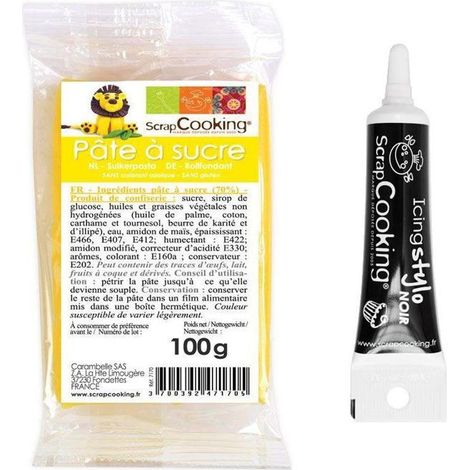 Pâte à sucre jaune 100 g + Stylo de glaçage noir