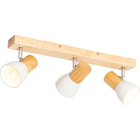 QAZQA Rústico Foco de techo de madera blanco regulable 3 luces - Thorin /Acero Rectangular Adecuado para LED Max. 3 x 40 Watt