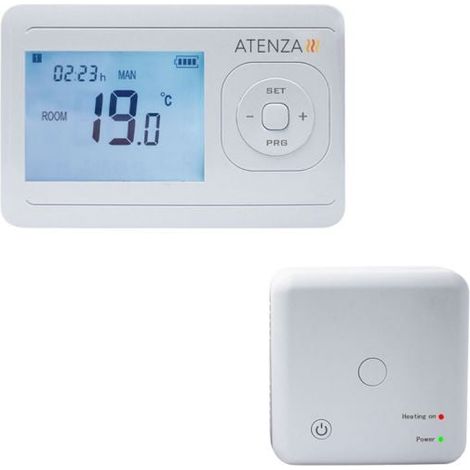 Thermostat d'ambiance sans fil – Écran LCD rétro-éclairé – Programmation 4 périodes – Relai déporté 10A – Plage de réglage 5-30°C – Atenza