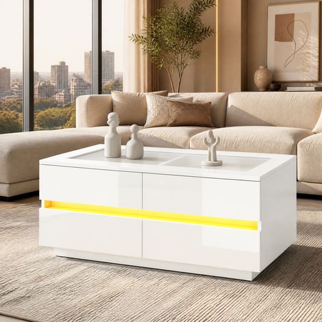 Mesa de centro moderna 100x50x40 cm, con 4 cajones, iluminación LED, vidrio templado, aglomerado blanco (1/5)