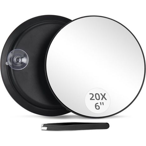 Miroir grossissant à ventouse - Noir - Miroir de maquillage à ventouse - Pince à épiler incluse - Mini miroir de maquillage - Grossissement x20 (1/5)