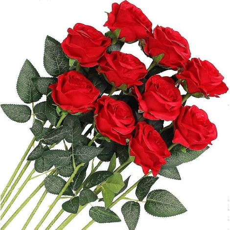 Bouquet de 10 roses artificielles pour décoration de mariage, d'anniversaire ou de jardin (roses rouges épanouies). (1/5)