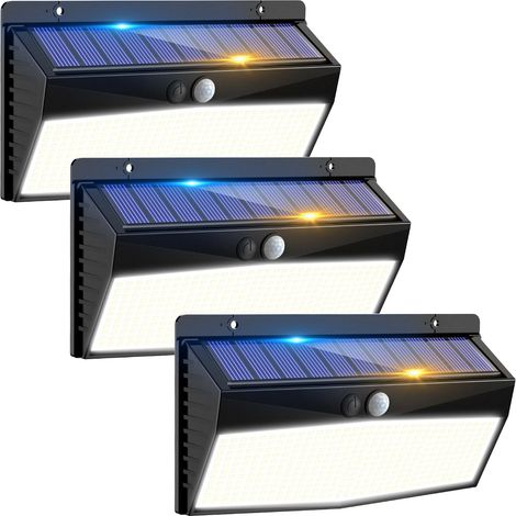 Paquete de 3 luces solares para exteriores con sensor de movimiento, 368 LED de pared, 3 modos, IP65, resistente al agua, luz blanca. (1/5)