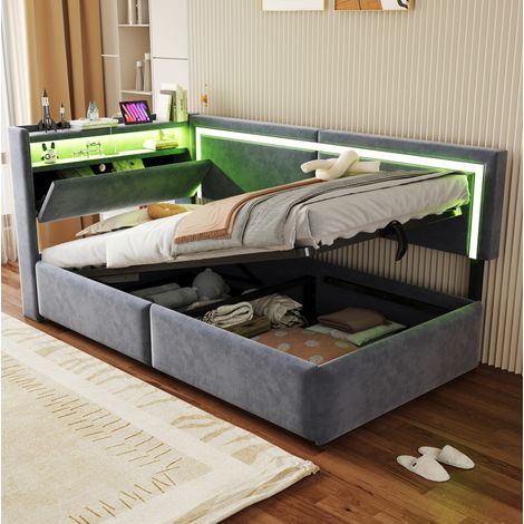 Divano letto in velluto grigio 90x200 cm con contenitore idraulico, LED, USB e rete a doghe (1/5)