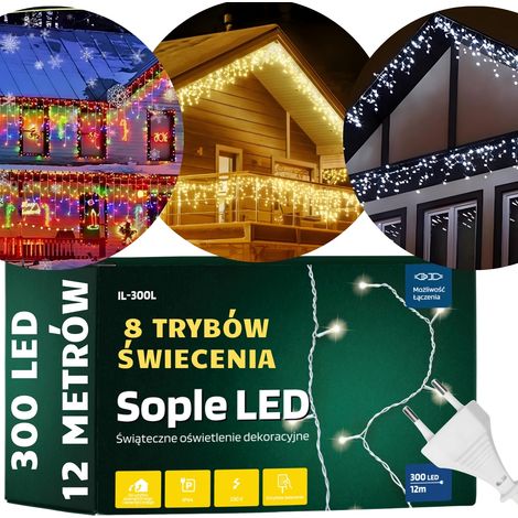 Cortinas de luces, guirnaldas de luces, luces navideñas para exterior, 300 LED, 12 m de luz fría. Luces navideñas para exterior, carámbanos, 300 LED, blanco frío. (1/5)