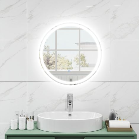 Miroir Rond Mural Dia.60 cm avec Lumières à Intensité Variable à 3 Couleurs Interrupteur Tactile Fonction Antibuée et Mémoire Sans Cadre (1/3)