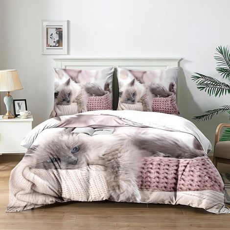 Housses de Couette Chat 140x200 cm,Enfant Parure de lit imprimé Chat 3D, 1 Housse de Couette en Microfibre Rose + 2 taies d'oreiller 65x65 cm (Cat3x140) - 140x200 (1/5)
