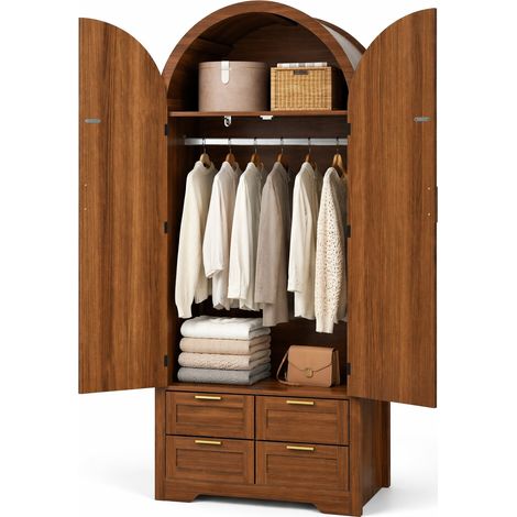 Armoire dressing avec portes courbes, grand espace de rangement, tringle et tiroirs, porte en résine tressée, bois foncé, CHICFURN (1/5)