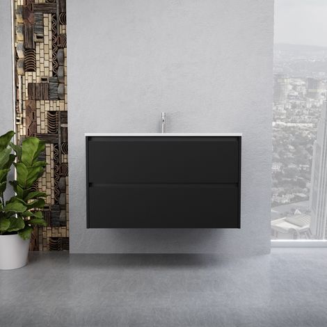 Inda - Badezimmerschrank 2 Schubladen B.100 mit glänzendem Waschbecken / Mattschwarz - Smeraldo
