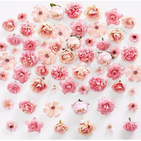 100 Stück Kunstblumen zum Basteln, 9 Typen, Mini Blumenköpfe 2-4.8cm, Rosa (1/5)