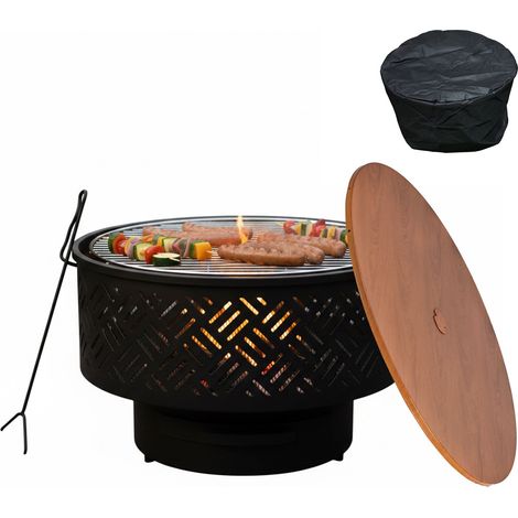 Relaxdays Fire Bowl, Ø 66 cm, with Grill Grate, Lid, Fire Poker & Waterproof Cover, Black/Natural (1/5)