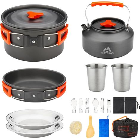 Ensemble de Batterie de Cuisine Camping 17 Pièces, Casserole et Bouilloire en Aluminium Anodisé Dur avec 2 Tasses, 2 Assiettes et Couverts en Acier Inoxydable pour Randonnée, Trek et Pique-nique (1/5)