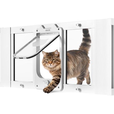 Gatera para Gatitos para Ventana Ajustable de 78,7-91,4 cm Puerta para Gato 4 Modos de Cierre Marco de Aluminio y Cristal de Alta Transparencia Cierre Magnético para Mascotas Pequeñas, Blanco (1/5)