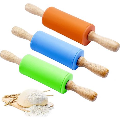 Rouleau à pâtisserie en bois 3 pièces avec poignées, ustensile cuisine enfant, bleu et orange, 23 cm, lot de rouleaux pâtissiers pour enfants, manche en bois naturel. (1/5)