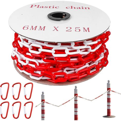 Chaîne de délimitation de 25 m, 6 mm, en plastique rouge et blanc, avec 6 mousquetons, chaîne en plastique, chaîne de sécurité de chantier, chaîne à maillons pour le verrouillage (1/5)