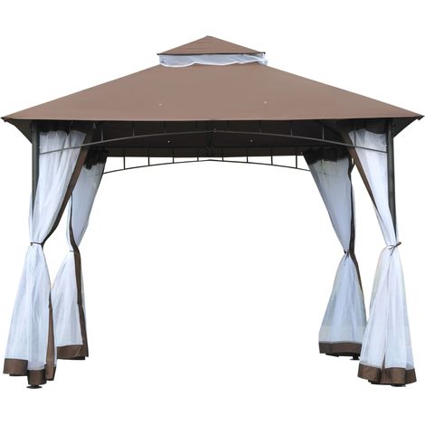 Tonnelle jardin 3x3 m moustiquaire toit deux niveaux structure métal marron
