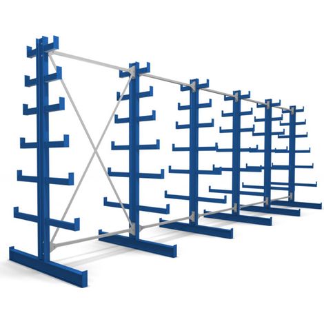Rayonnage à bras en porte-à-faux STIER, double, 5 travées avec 6 niveaux décroissants 6500x2000x500 mm, bleu gentiane