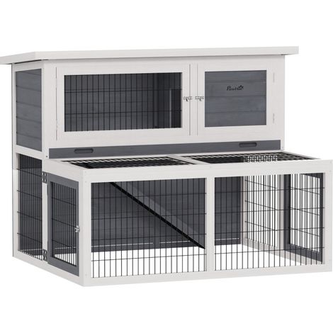 Conejera de 2 niveles con techo abatible, 122 x 95 x 93,5 cm, madera gris (1/5)
